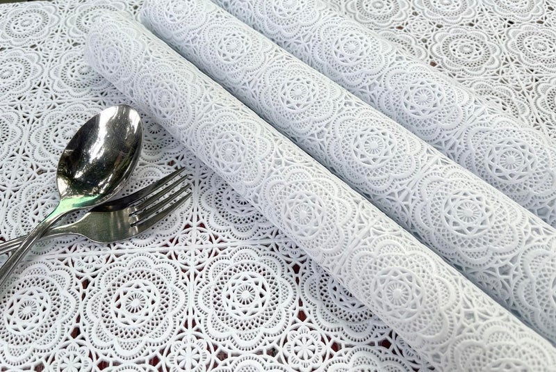 AMORNPHAN 4 Pieces White Rectangle Floral Lace Classic Style Woven Vinyl Non-Slip Heat-Resistant Placemat Table Pad Table Mats Dinning Washable for Kitchen Decor 12X19.5 Inches - Image 4